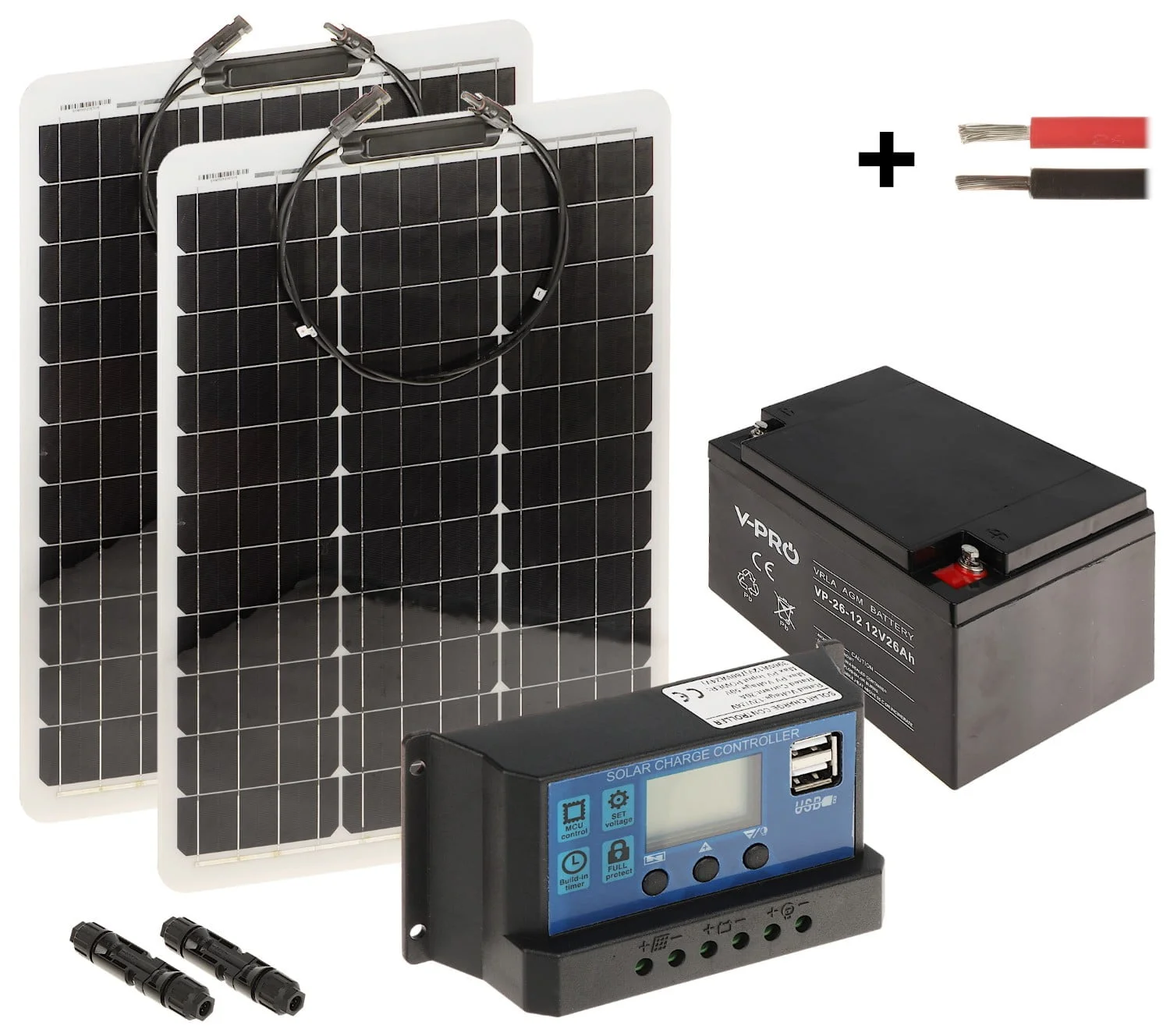 WL4 SOLAR-KIT-260B50-20F-WebStore4 WL4 SOLAR-KIT-260B50-20F complete zonne-energie kit met 12V 26Ah accu, snoer, 2x 50W flexibel zonnepaneel en controller