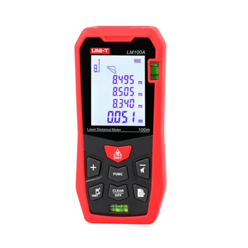 UNI-T LM100A laser afstandsmeter met meetbereik van 100 meter lengte, oppervlakte en volume meting, waterpas en groot LCD display