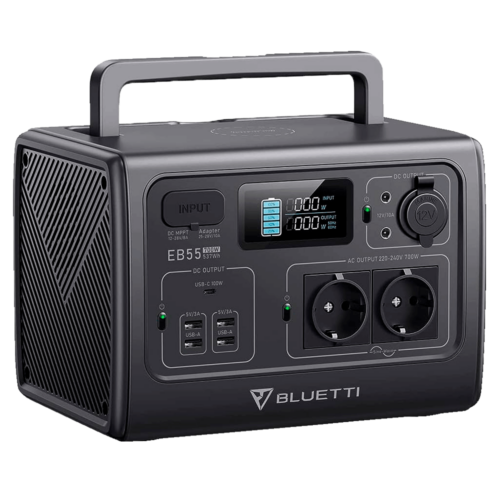 BLUETTI EB55 draagbare accu 537Wh met twee 12V uitgangen, twee 230VAC uitgangen en vijf USB poorten