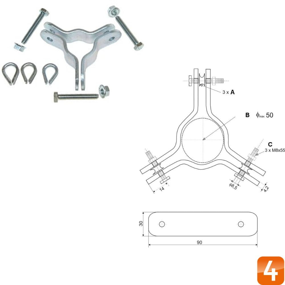 WL4 MTKR-3050 Mastklem-WebStore4 WL4 MTKR-3050 Mastklem voor bevestiging van drie tuikabels voor een telescopische mast