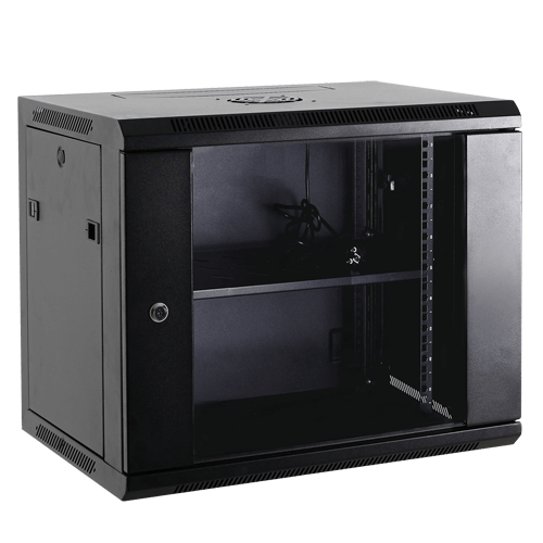 WL4 SR12U-B Server wandkast 12U 19″ met twee ventilatoren, voeding, deur met gehard glas en slot
