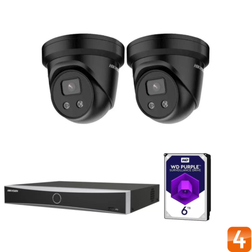 Hikvision Kit Turret Zwart met DS-7604NXI-K1/4P+1 NVR en DS-2CD2346G2-IU-B 4MP turret dome buiten camera met Darkfighter technology, 2.8mm lens, IR nachtzicht, PoE, 120dB WDR en microSD opname – Twee camera’s
