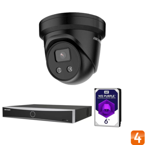 Hikvision Kit Turret Zwart met DS-7604NXI-K1/4P+1 NVR en DS-2CD2346G2-IU-B 4MP turret dome buiten camera met Darkfighter technology, 2.8mm lens, IR nachtzicht, PoE, 120dB WDR en microSD opname