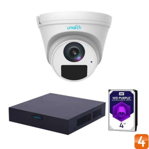 Uniarch Kit Turret met NVR104S3-P4 4-kanaals PoE Netwerk Video Recorder en IPC-T124-APF28K 4MP buiten turret camera met 2.8 mm lens, 30m Smart IR, WDR, PoE, SD slot, ingebouwde microfoon en gratis applicatie